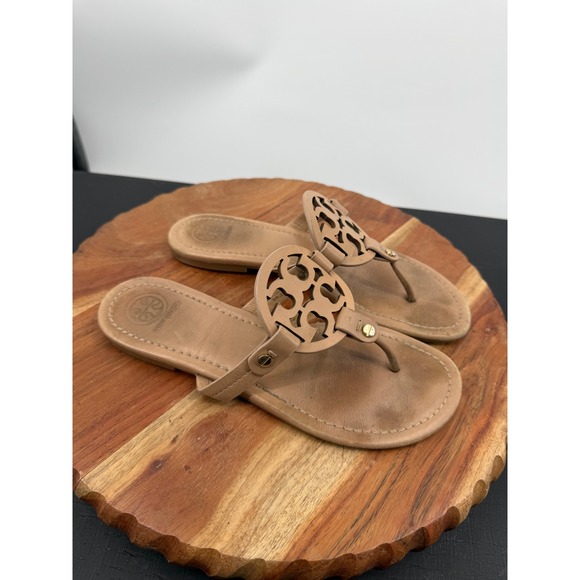Tory Burch Shoes - Tory Burch Miller Sandal Women 7M Tan Leather Logo Thong Flat 5930 Sand